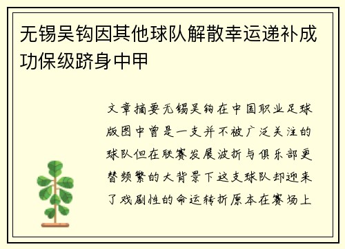 无锡吴钩因其他球队解散幸运递补成功保级跻身中甲